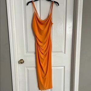 Zara Orange Ruched Slip Dress Cowl Neck Cocktail